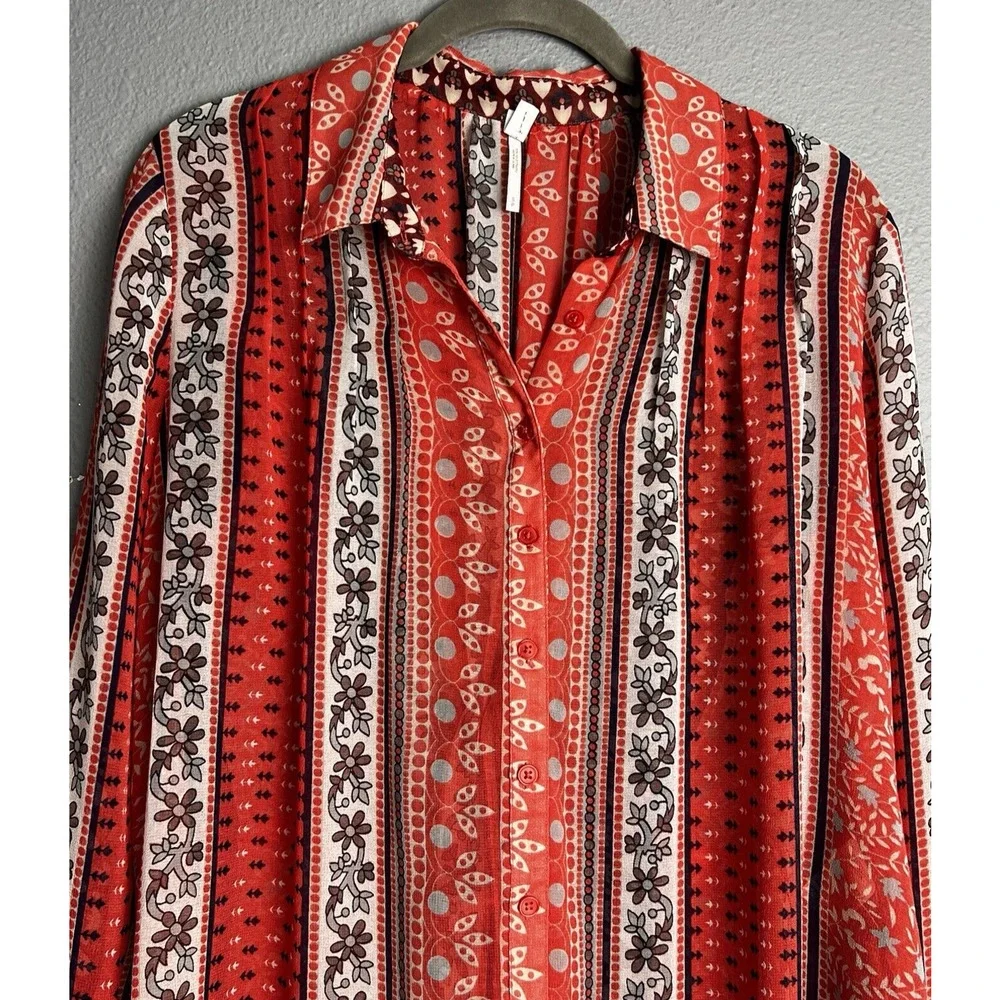 Free People Red Hobo Midnight‎ Mile Size S Button Hi Lo Hem Sheer Tunic Shirt